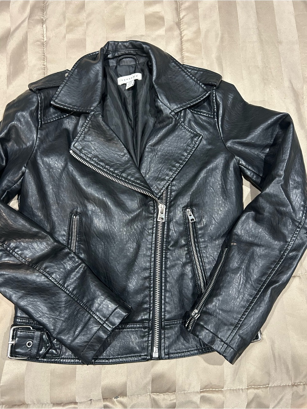 Topshop Black Faux Leather Moto Jacket with Zipper Detail